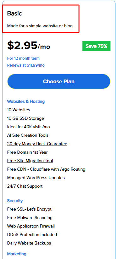 Bluehost Basic WordPress Hosting Plan